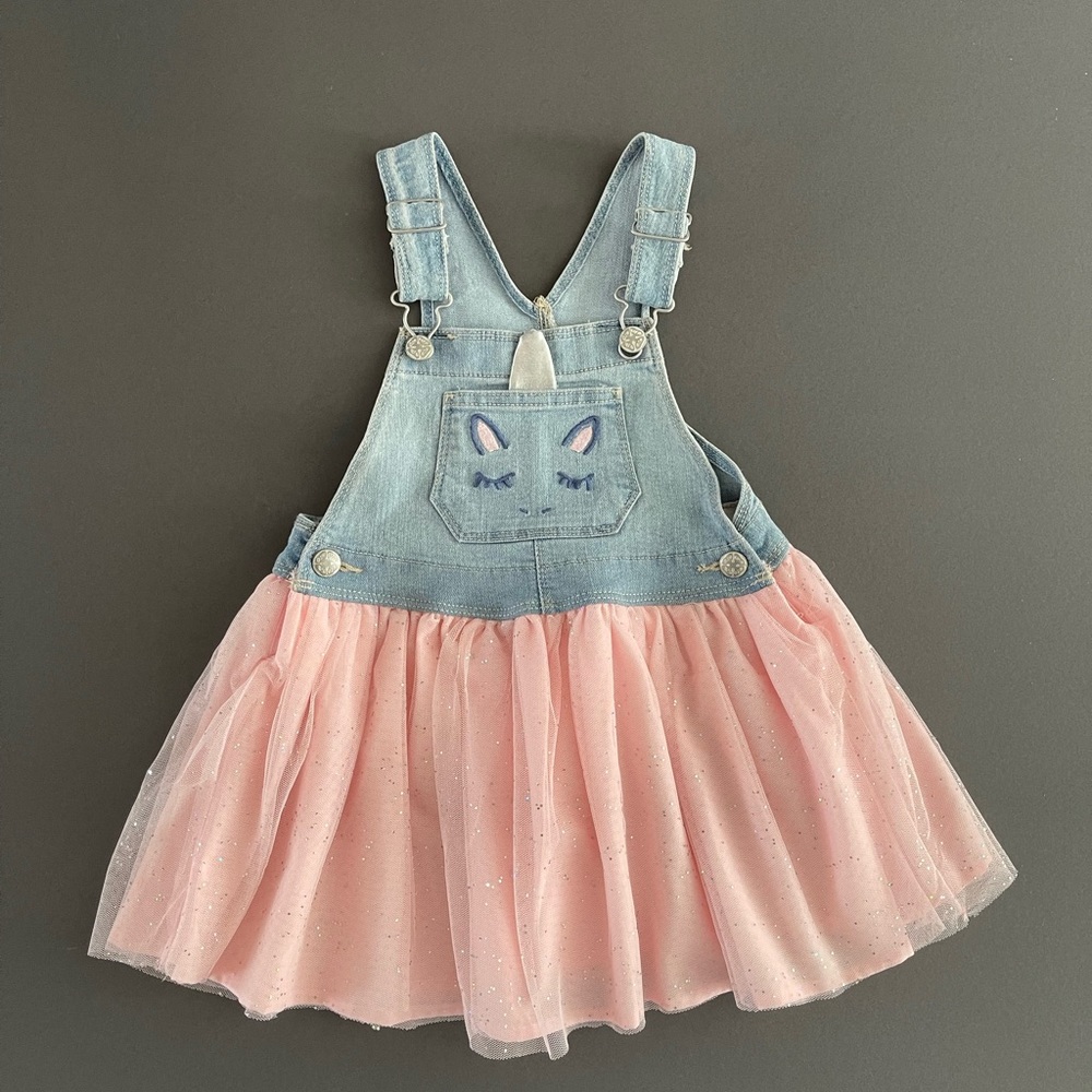 Girls Denim Topper Dress with Mesh Skirt
